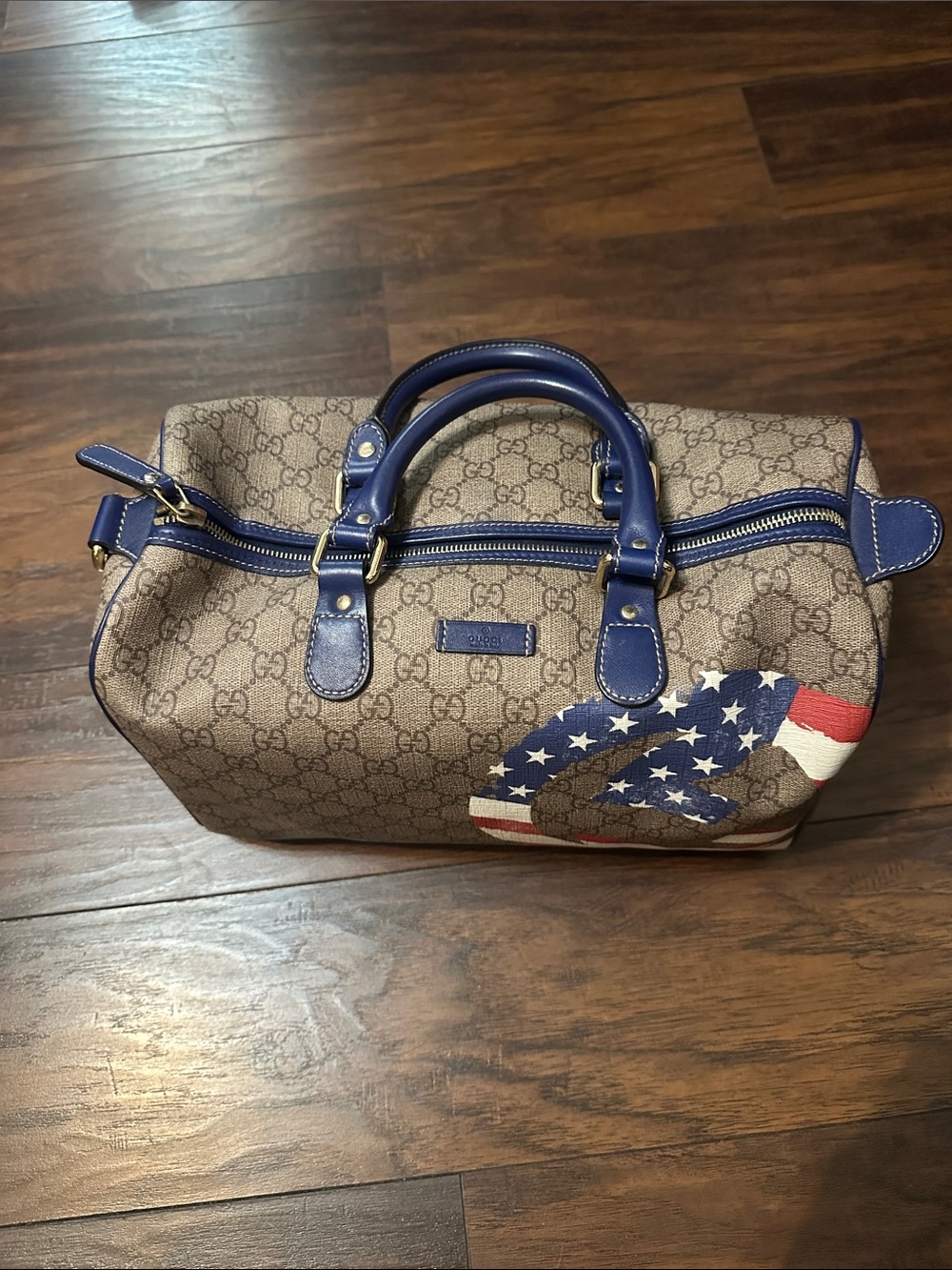 Gucci Brown GG Supreme Duffel with Blue Leather Trim and American Flag Graphic